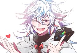 Rule 34 | 1boy, :d, fate/grand order, fate (series), gift card, google, heart, kyouna, male focus, merlin (fate/stay night), one eye closed, open mouth, purple eyes, smile, solo, white background, white hair