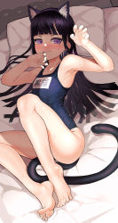 Rule 34 | 1girl, absurdres, animal ears, armpits, bare shoulders, barefoot, black hair, blue one-piece swimsuit, blunt bangs, blush, cat ears, cat tail, closed mouth, commentary request, dorsiflexion, fake animal ears, feet, female focus, gokou ruri, hands up, highres, hime cut, long hair, looking at viewer, lying, madana (xesa7885), mole, mole under eye, name tag, on back, on bed, one-piece swimsuit, ore no imouto ga konna ni kawaii wake ga nai, pillow, purple eyes, school swimsuit, solo, sweat, swimsuit, tail, toes