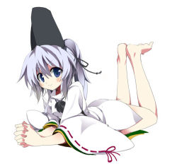Rule 34 | 1girl, barefoot, blue eyes, blush stickers, bottomless, female focus, full body, hat, japanese clothes, kariginu, legs up, lowres, lying, mononobe no futo, no pants, on stomach, own hands clasped, own hands together, ponytail, silver hair, simple background, smile, solo, tate eboshi, the pose, tomatomato (tomato kanzume), touhou