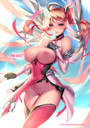 Rule 34 | 1girl, alternate hairstyle, artist name, bare shoulders, black skirt, blonde hair, blue eyes, blue sky, blush, breasts, breasts out, character name, cian yo, cleavage, criss-cross halter, dress, gloves, hair ribbon, halo, halterneck, hand on own chest, has bad revision, has censored revision, heart, heart-shaped pupils, large breasts, lips, looking at viewer, mechanical halo, mechanical wings, mercy (overwatch), miniskirt, nipples, no panties, nose, official alternate costume, outdoors, overwatch, overwatch 1, parted lips, pelvic curtain, pink dress, pink lips, pink mercy, pink ribbon, pink thighhighs, pleated skirt, pussy, ribbon, signature, skirt, sky, solo, symbol-shaped pupils, thighhighs, twintails, uncensored, watermark, web address, wings