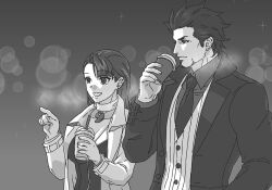 Rule 34 | 1boy, 1girl, ace attorney, beard, breasts, breath, cleavage, closed mouth, collared shirt, cup, diego armando, earrings, facial hair, formal, greyscale, holding, jacket, jewelry, large breasts, lcageki, long hair, long sleeves, looking ahead, magatama, mia fey, mole, mole under mouth, monochrome, necklace, necktie, open mouth, phoenix wright: ace attorney - trials and tribulations, pointing, scarf, shirt, short hair, smile, suit, upper body, vest