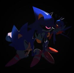 2boys animal bird black_eyes dark frown furry furry_male glaring gloves highres humanoid_robot metal_sonic multiple_boys murzanic pink_eyes robot sonic_(series) sonic_cd sonic_the_hedgehog sonic_the_hedgehog_(classic) white_gloves