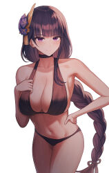 Rule 34 | 1girl, absurdres, alternate costume, armpits, bare arms, bare shoulders, bikini, black bikini, black choker, black hair, braid, breasts, choker, cleavage, closed mouth, cowboy shot, genshin impact, hair ornament, halterneck, hand on own hip, hand on own chest, hand up, highres, large breasts, long hair, looking at viewer, navel, purple eyes, raiden shogun, simple background, single braid, smile, solo, standing, stomach, swimsuit, thighs, very long hair, white background, yareen