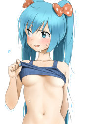 Rule 34 | 1girl, arm behind back, bare shoulders, blue bra, blue eyes, blue hair, blue nails, blush, bow, bra, bra lift, breasts, clothes lift, embarrassed, flying sweatdrops, furuyama itaru, hair bow, hand up, hatsune miku, lifted by self, long hair, looking away, looking to the side, motion lines, nail polish, navel, no bra, open mouth, orange bow, paid reward available, polka dot, polka dot bow, red bow, shirt lift, simple background, sleeveless, small breasts, solo, stomach, sweat, trembling, twintails, underboob, underwear, underwear only, upper body, very long hair, vocaloid, white background