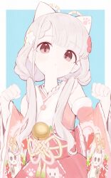 Rule 34 | 1girl, absurdres, animal ears, bare shoulders, bell, blue background, blush, border, brown eyes, cat ears, clenched hands, detached sleeves, flower, grey hair, hair flower, hair ornament, head tilt, highres, hisakawa nagi, idolmaster, idolmaster cinderella girls, japanese clothes, kimono, looking at viewer, low twintails, no nose, pink kimono, solo, tsuchi (sh spica1), twintails, upper body, white border, wide sleeves