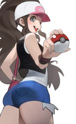 Rule 34 | 1girl, ass, bag, baseball cap, black vest, blue eyes, brown hair, commentary, creatures (company), cutoffs, denim, denim shorts, english commentary, exposed pocket, game freak, hat, high ponytail, highres, hilda (pokemon), holding, holding poke ball, hood (james x), long hair, looking at viewer, looking back, nintendo, one eye closed, poke ball, pokemon, pokemon bw, shirt, short shorts, shorts, shoulder bag, sidelocks, sleeveless, sleeveless shirt, solo, standing, tank top, tongue, tongue out, vest, white background, white shirt, wristband