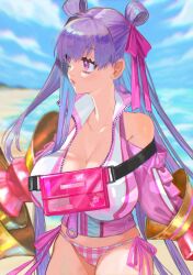 1girl bare_shoulders beach bikini blue_sky blush breasts claw_(weapon) cleavage clothing_cutout fate/grand_order fate_(series) hair_ribbon highres huge_breasts jacket long_hair long_sleeves looking_to_the_side open_mouth ota_(ota-0000) passionlip_(fate) pink_bikini pink_eyes pink_jacket pink_ribbon purple_hair ribbon shore shoulder_cutout sky solo swimsuit very_long_hair weapon