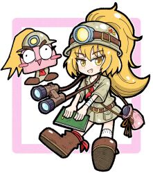 Rule 34 | 2girls, :d, ankle ribbon, bandages, belt, binoculars, blonde hair, blush, book, brown footwear, brown shirt, creature and personification, goombella, helmet, highres, holding, holding book, jewelry, leg ribbon, long hair, mario (series), multiple girls, nintendo, nuudayo nuudayo, open mouth, paper mario, paper mario: the thousand year door, personification, pocket, ponytail, pouch, red ribbon, ribbon, ring, shirt, short sleeves, simple background, smile, socks, sticker, white socks, yellow eyes