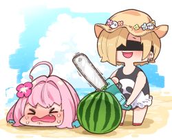 Rule 34 | &gt;o&lt;, 2girls, ahoge, bare shoulders, beach, black blindfold, blindfold, blonde hair, blue hair, blue sky, blush, buried, chainsaw, chibi, closed eyes, cloud, cloudy sky, crying, day, ear piercing, earrings, fang, flower, food, frilled swimsuit, frills, fruit, ghost print, hair flower, hair ornament, hat, hat flower, head only, holding, holding chainsaw, idolmaster, idolmaster cinderella girls, jewelry, motion lines, multicolored hair, multiple girls, ocean, one-piece swimsuit, open mouth, outdoors, piercing, pink flower, pink hair, red footwear, sand, shirasaka koume, short hair, skull, sky, smile, standing, suikawari, swimsuit, takato kurosuke, two-tone hair, water, watermelon, wavy mouth, yumemi riamu