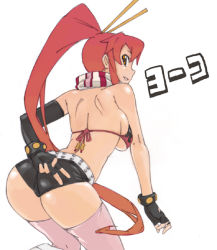 Rule 34 | 00s, 1girl, arched back, ass, back, bad id, bad pixiv id, belt, bikini, bikini top only, breasts, female focus, fingerless gloves, gloves, large breasts, long hair, looking back, pink thighhighs, ponytail, red hair, scarf, short shorts, shorts, sideboob, simple background, solo, swimsuit, tarou2, tengen toppa gurren lagann, thighhighs, translated, yellow eyes, yoko littner