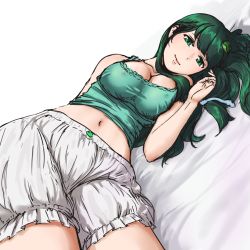 Rule 34 | 1girl, bare shoulders, bloomers, breasts, cleavage, come hither, covered erect nipples, crop top, dutch angle, frog hair ornament, green eyes, green hair, hair ornament, heart, kitano (kitanosnowwhite), kochiya sanae, large breasts, long hair, looking at viewer, lying, matching hair/eyes, midriff, navel, on bed, on side, simple background, sleeveless, smile, snake hair ornament, solo, text focus, textless version, touhou, underwear, white background