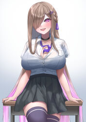 Rule 34 | 1girl, absurdres, amemiya arikapu, black skirt, black thighhighs, blush, breasts, commentary request, hair over eyes, hair over one eye, highres, long bangs, maria kurumitsuki (amemiya arikapu), necktie, open mouth, original, purple eyes, purple hair, school uniform, skirt, smile, solo, thighhighs, thighs