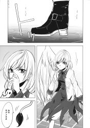 Rule 34 | 1girl, boots, bow, comic, feathered wings, greyscale, high heel boots, high heels, highres, jacket, kakao (noise-111), kishin sagume, monochrome, single wing, skirt, tail, tapir tail, touhou, translation request, wings