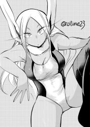 Rule 34 | 1girl, animal ears, boku no hero academia, breasts, closed mouth, commentary request, dark-skinned female, dark skin, dot mouth, fur collar, greyscale, large breasts, long hair, looking at viewer, mirko, monochrome, nstime23, rabbit ears, rabbit girl, solo, thighhighs, wet