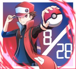 Rule 34 | 1boy, backpack, bag, baseball cap, black shirt, border, bright pupils, brown hair, closed mouth, coat, commentary request, creatures (company), energy, game freak, hand on headwear, hat, highres, holding, holding poke ball, hyoe (hachiechi), looking at viewer, male focus, nintendo, open clothes, open coat, outstretched arm, poke ball, poke ball (basic), pokemon, pokemon masters ex, purple eyes, red (pokemon), red (sygna suit) (pokemon), red coat, red hat, shirt, short hair, sleeveless, sleeveless coat, sleeves past elbows, solo, spiked hair, white border, white pupils