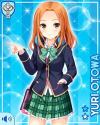 Rule 34 | 1girl, bag, blue background, blue jacket, bow, brown eyes, card, cd player, character name, closed mouth, girlfriend (kari), green bow, green skirt, hand in pocket, headphones, jacket, long hair, looking at viewer, official art, orange hair, otowa yuri, plaid, plaid skirt, pointing, pointing to the side, qp:flapper, school uniform, shirt, skirt, smile, solo, straight hair, tagme, white shirt