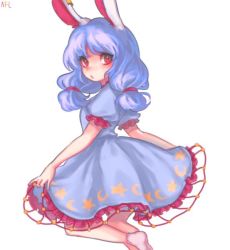Rule 34 | 1girl, animal ears, bad id, bad twitter id, blue dress, blue hair, blush, clothes lift, dress, dress lift, long hair, looking at viewer, low twintails, open mouth, puffy sleeves, rabbit ears, red eyes, seiran (touhou), short sleeves, signature, simple background, skirt hold, socks, solo, tis (shan0x0shan), touhou, twintails, white background, white socks