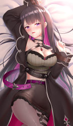 Rule 34 | 1girl, absurdres, blush, breasts, choker, denfunsan, earrings, highres, indoors, jewelry, koinoya mai, large breasts, long hair, looking at viewer, lying, on back, propro production, purple eyes, virtual youtuber