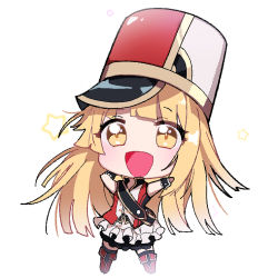 Rule 34 | 1girl, :d, arms up, band uniform, bang dream!, blonde hair, boots, frilled skirt, frills, full body, hat, kongya, long hair, looking at viewer, open mouth, red footwear, sash, shako cap, simple background, skirt, smile, solo, standing, star (symbol), tsurumaki kokoro, white background, white skirt, wrist cuffs, yellow eyes