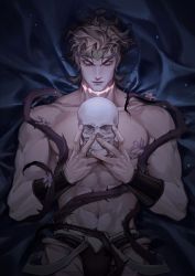 Rule 34 | 1boy, abs, blonde hair, bracer, chanasykine, chinese commentary, closed mouth, collarbone, commentary request, crotchless, crotchless pants, dio brando, earrings, closed eyes, fabric softener, facing viewer, flower, glowing, glowing scar, headband, heart, highres, holding, holding skull, jewelry, jojo no kimyou na bouken, male focus, mole, mole on ear, muscular, navel, plant, scar, scar on neck, topless male, short hair, skull, solo, stardust crusaders, suspenders hanging, thorns, upper body, vines, wavy hair
