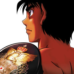 Rule 34 | 1boy, absurdres, black hair, brown eyes, dark skin, dark-skinned male, from behind, hajime no ippo, highres, makunouchi ippo, male focus, portrait, shimura kenshirou, shoulder blades, solo