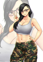 Rule 34 | 1girl, armpits, asymmetrical hair, bare shoulders, black hair, blush, borrowed character, breasts, brown eyes, camouflage, camouflage pants, cleavage, commission, cowboy shot, english text, erkaz, eyebrows, glasses, grey sports bra, hair over breasts, hair over shoulder, hand on own hip, hand up, highres, huge breasts, large breasts, long hair, looking at viewer, midriff, navel, original, pants, sidecut, simple background, smile, solo, sports bra, undercut, v, white background, zoom layer
