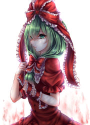 Rule 34 | 1girl, absurdres, arm ribbon, backlighting, bad id, bad pixiv id, bow, buttons, dress, frills, from side, front ponytail, green eyes, green hair, hair bow, hair ribbon, highres, kagiyama hina, matching hair/eyes, profile, puffy short sleeves, puffy sleeves, red bow, red dress, red ribbon, ribbon, sheya, short sleeves, solo, touhou, upper body, white background