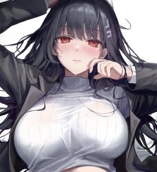 Rule 34 | 1girl, absurdres, aibek, black hair, black suit, blue archive, blunt bangs, blush, breasts, closed mouth, formal, hair ornament, hairclip, highres, large breasts, long hair, long sleeves, looking at viewer, red eyes, rio (blue archive), solo, suit, sweat, sweater, turtleneck, turtleneck sweater, upper body, white background, white sweater