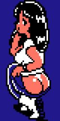 Rule 34 | 1girl, ass, black eyes, black hair, blue background, blue pants, boots, breasts, butt crack, clothes pull, from behind, large breasts, long hair, looking at viewer, looking back, open mouth, pants, pants pull, pixel art, saiwai hiroshi, shirt, short sleeves, squatting, watch, white footwear, white shirt