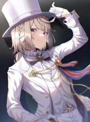 Rule 34 | 1boy, black background, blue background, blue eyes, blunt bangs, braid, chain, commentary, formal, gears, gradient background, hat, highres, holding, holding clothes, holding hat, long hair, male focus, multicolored eyes, ponzu tas, sidelocks, sleeve cuffs, solo, suit, tokyo houkago summoners, top hat, tuaring (housamo), upper body, vest, white hat, white suit, white vest