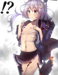 Rule 34 | !?, 10s, 1girl, backpack, bag, black skirt, blurry, breasts, closed mouth, comic, crescent, crescent hair ornament, depth of field, elbow gloves, eyebrows, flat chest, gloves, hair ornament, kantai collection, long hair, long sleeves, machinery, minarai shachou, navel, nipples, open clothes, open shirt, panties, panty peek, pleated skirt, purple eyes, purple hair, purple shirt, shirt, short hair, short hair with long locks, skirt, solo, standing, stomach, surprised, thighs, torn clothes, torn shirt, underwear, white panties, yayoi (kancolle)