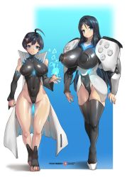 Rule 34 | 2girls, ahoge, bare shoulders, black legwear, black leotard, blue eyes, breasts, cameltoe, closed mouth, coat, collarbone, controller, covered collarbone, covered erect nipples, covered navel, detached sleeves, dualsense, fingernails, game console, game controller, glowing, hair between eyes, hair ornament, hairclip, highleg, highres, huge breasts, impossible clothes, large breasts, leotard, long hair, medium breasts, multiple girls, nail polish, nipple penetration, original, pink nails, playstation 5, playstation controller, product girl, see-through, short hair, smile, sony, standing, tamada heijun, thighs, tight clothes, toenails, turtleneck, white coat