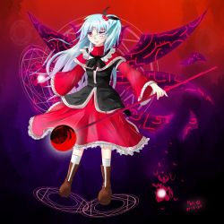 Rule 34 | 1girl, belt, blue hair, boots, bow, capelet, dress, energy ball, female focus, flying, full body, hair bobbles, hair ornament, jacket, long hair, long sleeves, magic circle, multiple wings, palinus, pink eyes, red dress, shinki (touhou), side ponytail, silver hair, solo, staff, touhou, touhou (pc-98), wings