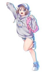 Rule 34 | 1girl, :d, alternate costume, arm up, backpack, bag, bare legs, blue eyes, blue footwear, blue headwear, blue shorts, blush, brown hair, casual, character name, clenched hand, clothes writing, commentary request, denim, denim shorts, drawstring, full body, grey hoodie, highres, hood, hoodie, kanabun, leg up, long sleeves, looking at viewer, love live!, love live! sunshine!!, open mouth, round teeth, shoes, short hair, short shorts, shorts, simple background, sleeves past wrists, smile, sneakers, socks, solo, standing, standing on one leg, teeth, upper teeth only, watanabe you, white background, white socks