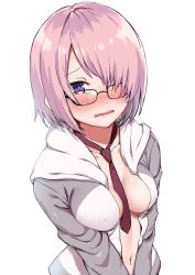 Rule 34 | 1girl, bad id, bad pixiv id, between breasts, black-framed eyewear, blush, breasts, fate/grand order, fate (series), glasses, hair over one eye, highres, jacket, long sleeves, looking at viewer, mamekichi (bonjin life), mash kyrielight, medium breasts, navel, necktie, necktie between breasts, open clothes, open jacket, open mouth, pink hair, purple eyes, red necktie, short hair, simple background, solo, tears, wavy mouth, white background