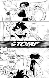 Rule 34 | absurdres, alternate hairstyle, boa hancock, breasts, chi-chi (dragon ball), chi-chi (dragon ball) (cosplay), china dress, chinese clothes, comic, commentary, cosplay, crossover, door, dougi, dragon ball, dragonball z, drawer, dress, emphasis lines, english commentary, english text, femdom, funsexydb, greyscale, hair bun, hand on own hip, hands on own cheeks, hands on own face, hetero, high heels, highres, large breasts, leaning forward, monochrome, one piece, pelvic curtain, pointing, pointing at another, side slit, single hair bun, son goku, sweatdrop, tentacles, window, wristband