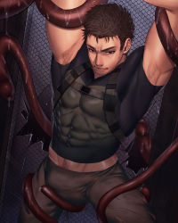 Rule 34 | 1boy, abs, absurdres, arkapami, armpit hair, armpits, arms up, bara, black shirt, brown hair, brown pants, bulge, chest harness, chris redfield, closed mouth, covered abs, erection, erection under clothes, facial hair, green shirt, harness, highres, large pectorals, looking at viewer, male focus, midriff peek, muscular, muscular male, pants, pectorals, resident evil, resident evil 5, resident evil 6, restrained, shirt, short hair, sideburns, solo, stubble, taut clothes, taut shirt, tentacles, tentacles on male, two-tone shirt
