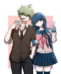 Rule 34 | 1boy, 1girl, amami rantaro, black thighhighs, blue eyes, blue hair, blue skirt, bow, brown jacket, bubble tea, collarbone, collared shirt, commentary, cowboy shot, cup, danganronpa: trigger happy havoc, danganronpa (series), danganronpa v3: killing harmony, disposable cup, drinking, drinking straw, green eyes, hair ornament, hairclip, hand in pocket, hand up, highres, jacket, locked arms, long hair, maizono sayaka, necktie, official alternate costume, pink bow, plaid, plaid skirt, pleated skirt, red neckwear, school uniform, serafuku, shirt, skirt, sleeves past wrists, smile, thighhighs, v, white shirt, zettai ryouiki