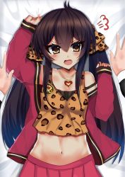 Rule 34 | 1boy, 1girl, angry, animal print, bad id, bad twitter id, bare shoulders, bed, bed sheet, black hair, blush, breasts, cleavage, collarbone, embarrassed, hair between eyes, hair ribbon, heart, heart necklace, highres, idolmaster, idolmaster cinderella girls, jacket, jewelry, leopard print, long hair, long sleeves, looking at viewer, lying, matoba risa, midriff, miniskirt, navel, necklace, off shoulder, open mouth, pink jacket, pink skirt, pov, pov hands, ribbon, risaiziz, sheet grab, sidelocks, skirt, small breasts, strap slip, tearing up, tsurime, twintails, very long hair, yellow eyes