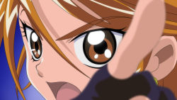 Rule 34 | 1girl, anime coloring, black gloves, blue background, blurry, blurry foreground, brown eyes, brown hair, cure black, damascus (dearigazu2001), derivative work, fingerless gloves, futari wa precure, gloves, hair between eyes, highres, looking at viewer, misumi nagisa, open mouth, portrait, precure, short hair, solo, swept bangs