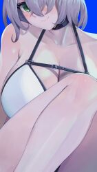 Rule 34 | 1girl, absurdres, bar censor, black choker, blue background, blush, breasts, censored, choker, cleavage, closed mouth, collarbone, dalcom, green eyes, grey hair, hair between eyes, highres, hololive, large breasts, looking at viewer, mole, mole on breast, shirogane noel, short hair, solo, swimsuit, thighs, virtual youtuber