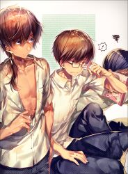 Rule 34 | !, 3boys, backpack, bag, black hair, blue pants, brown eyes, chi no, closed mouth, collarbone, crossed bangs, dress shirt, frown, glasses, hair between eyes, hand up, kanou tenzen, long hair, mitani ryouichi, multiple boys, muscular, muscular male, open clothes, open mouth, open shirt, pants, ponytail, pornography, purple eyes, reading, shirt, short hair, short sleeves, simple background, sitting, smile, spoken exclamation mark, squiggle, standing, summer pockets, takahara hairi, white background, white shirt