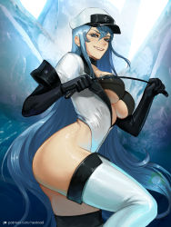 Rule 34 | 1girl, adapted costume, akame ga kill!, black bra, black gloves, blue eyes, blue hair, boots, bra, breasts, colored eyelashes, elbow gloves, esdeath, female focus, floating hair, from side, gloves, grin, hair between eyes, hat, highleg, highleg leotard, holding, holding whip, large breasts, leotard, long hair, looking at viewer, matching hair/eyes, military hat, nextoad, smile, solo, straight hair, thigh boots, thighhighs, underboob, underwear, very long hair, watermark, web address, whip, white footwear, white hat, white leotard