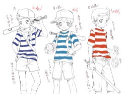 Rule 34 | 3boys, backpack, bag, baseball bat, baseball cap, character name, child, english text, frown, hand on own hip, hat, ichiyo (ichiyon), lucas (mother 3), male focus, monochrome, mother (game), mother 2, mother 3, multiple boys, ness (mother 2), ninten, nintendo, scarf, shirt, short hair, shorts, simple background, sketch, smile, spot color, standing, striped clothes, striped shirt, translation request, white background