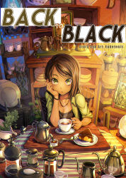 Rule 34 | 1girl, :o, black shirt, bowl, bracelet, breasts, cat, cleavage, cover, cover page, cup, eudetenis, fork, green eyes, head on hand, jewelry, kettle, looking at viewer, necklace, open mouth, original, plate, shirt, tea, teacup, teapot, title