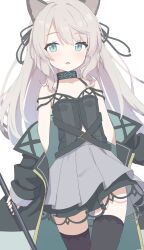 Rule 34 | 1girl, animal ears, aqua eyes, aqua jacket, arknights, bare shoulders, black camisole, black choker, black jacket, black ribbon, black thighhighs, camisole, cat, choker, collarbone, cross-laced clothes, dot nose, flat chest, grey hair, grey skirt, hair ribbon, highres, holding, holding staff, infection monitor (arknights), jacket, light blush, long hair, long sleeves, looking at viewer, midriff peek, millet pepper, mint (arknights), mint (elite ii) (arknights), multicolored clothes, multicolored jacket, off shoulder, open mouth, pleated skirt, puffy long sleeves, puffy sleeves, ribbon, simple background, skirt, slit pupils, solo, staff, strap slip, thighhighs, triangle mouth, white background