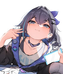 Rule 34 | 1girl, :3, black jacket, collarbone, commentary, from below, grey hair, highres, honkai: star rail, honkai (series), jacket, looking at viewer, looking down, pin, silver wolf (honkai: star rail), simple background, single strap, smile, solo, twitter username, v, vincent leo, white background