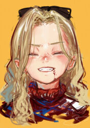 Rule 34 | 1girl, black bow, blonde hair, blood, blood on face, blush, bow, close-up, closed eyes, dress, fangs, freckles, grin, hair bow, highres, isshiki (ffmania7), long hair, orange background, original, red dress, sketch, smile, solo, straight-on, teeth
