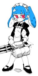 Rule 34 | 1girl, apron, bandaid, bandaid on face, blue hair, blunt bangs, closed mouth, dress, earrings, full body, heavy splatling (splatoon), highres, holding, inkling, inkling girl, inkling player character, jewelry, juliet sleeves, lakilolom, legs apart, long hair, long sleeves, looking at viewer, maid, maid apron, maid headdress, mary janes, mask, nintendo, pink eyes, pointy ears, puffy sleeves, shoes, simple background, solo, splatoon (series), spot color, standing, suction cups, tentacle hair, twintails, white background