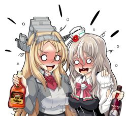 Rule 34 | 2girls, alcohol, ascot, blonde hair, blush, bottle, bow, bowtie, braid, breasts, corset, drunk, french braid, grey hair, hair between eyes, hat, headgear, highres, kantai collection, large breasts, light brown hair, long hair, long sleeves, medium breasts, military, military uniform, mini hat, multiple girls, nelson (kancolle), open mouth, pencil skirt, pola (kancolle), red neckwear, shirt, simple background, skirt, smile, thick eyebrows, tk8d32, uniform, wavy hair, whiskey, white background, white shirt, wine